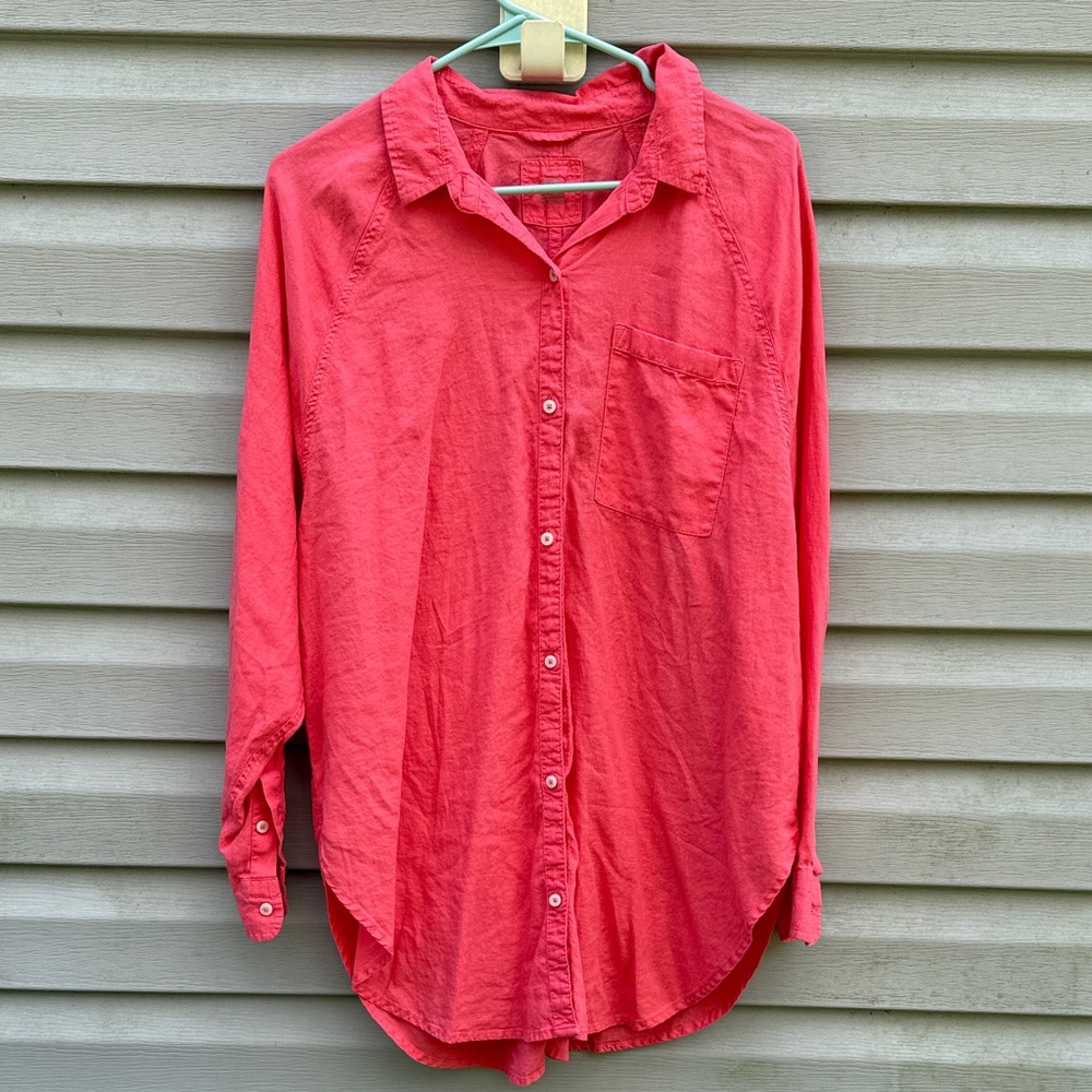 Aerie | Linen Blend Pink Button Down Long Sleeve Top size Small